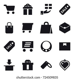 16 vector icon set : cart, gift, sale, shopping bag, delivery, box, sale label, necklace, heart pendant