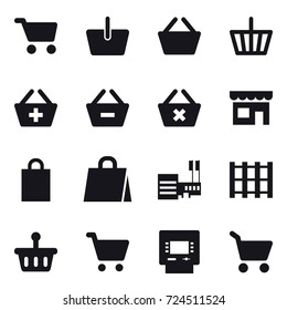 16 vector icon set : cart, basket, add to basket, remove from basket, delete cart, shop, shopping bag, mall, atm