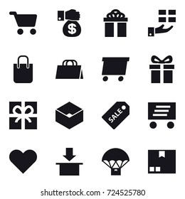 16 vector icon set : cart, money gift, gift, shopping bag, delivery, box, sale label, package