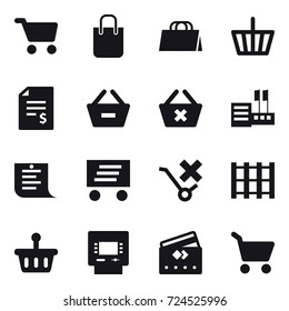 16 vector icon set : cart, shopping bag, basket, account balance, remove from basket, delete cart, store, shopping list, delivery, atm, credit card