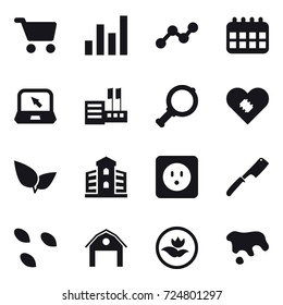 16 vector icon set : cart, graph, calendar, notebook, store, magnifier, building, power socket, chef knife, seeds, barn, ecology, spot