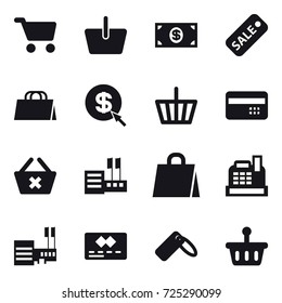 16 vector icon set : cart, basket, money, sale, shopping bag, dollar arrow, credit card, delete cart, store, cashbox, mall