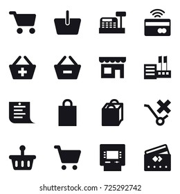 16 vector icon set : cart, basket, cashbox, tap to pay, add to basket, remove from basket, shop, store, shopping list, shopping bag, atm, credit card