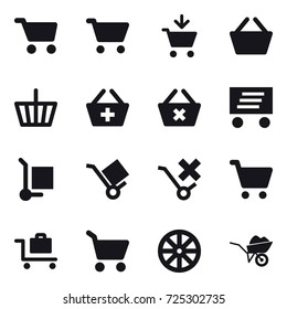 16 vector icon set : cart, add to cart, basket, add to basket, delete cart, delivery, cargo stoller, baggage trolley, wheel, wheelbarrow
