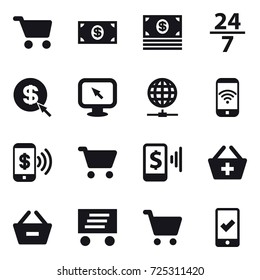 16 vector icon set : cart, money, 24/7, dollar arrow, monitor arrow, globe connect, phone wireless, phone pay, mobile pay, add to basket, remove from basket, delivery, mobile checking