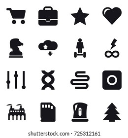 16 vector icon set : cart, portfolio, star, heart, chess horse, cloude service, hoverboard, infinity power, equalizer, ring button, kettle, spruce