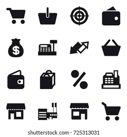 16 vector icon set : cart, basket, target, wallet, money bag, cashbox, up down arrow, shopping bag, percent, shop, mall