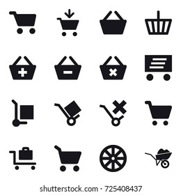16 vector icon set : cart, add to cart, basket, add to basket, remove from basket, delete cart, delivery, cargo stoller, baggage trolley, wheel, wheelbarrow