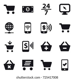 16 vector icon set : cart, money, 24/7, monitor arrow, globe connect, phone wireless, phone pay, add to cart, mobile pay, add to basket, remove from basket, delete cart, delivery, mobile checking