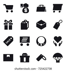 16 vector icon set : cart, money gift, shopping bag, delivery, gift, box, label, sale label, necklace