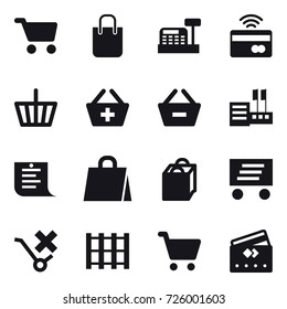16 vector icon set : cart, shopping bag, cashbox, tap to pay, basket, add to basket, remove from basket, store, shopping list, delivery, credit card