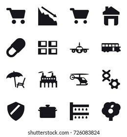 16 vector icon set : cart, crisis, home, panel house, bus, lounger, pan, watering, garden