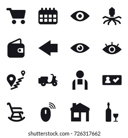 16 vector icon set : cart, calendar, eye, virus, wallet, left arrow, check in, rocking chair, house, wine