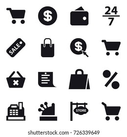 16 vector icon set : cart, dollar, wallet, 24/7, sale, shopping bag, dollar arrow, delete cart, shopping list, percent, cashbox, store signboard