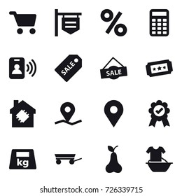 16 vector icon set : cart, shop signboard, percent, calculator, pass card, sale label, sale, ticket, smart house, trailer, pear, handle washing