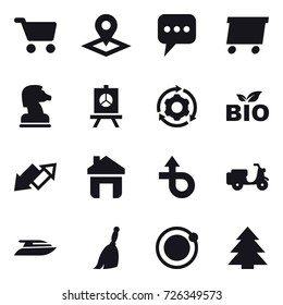 16 vector icon set : cart, pointer, message, delivery, chess horse, presentation, around gear, bio, up down arrow, home, yacht, broom, spruce