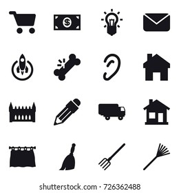 16 vector icon set : cart, money, bulb, mail, rocket, home, gothic architecture, pencil, curtain, broom, fork, rake