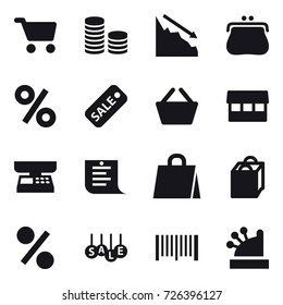 16 vector icon set : cart, coin stack, crisis, purse, percent, sale, basket, market, market scales, shopping list, shopping bag, barcode, cashbox