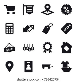 16 vector icon set : cart, shop signboard, pointer, percent, calculator, up down arrow, label, sale label, sale, medal, smart house, identity card, trailer, handle washing