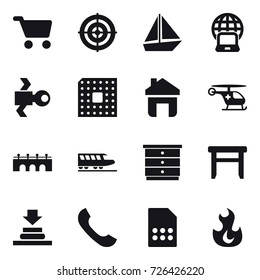 16 vector icon set : cart, target, boat, notebook globe, satellite, cpu, home, bridge, train, chest of drawers, stool