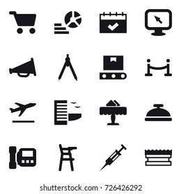 16 vector icon set : cart, diagram, calendar, monitor arrow, loudspeaker, drawing compass, vip fence, departure, hotel, restaurant, service bell, intercome, Chair for babies, syringe, sponge