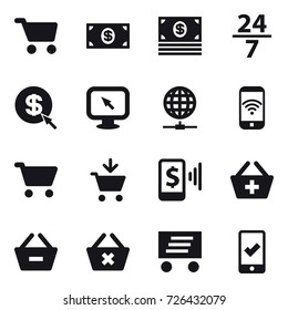 16 vector icon set : cart, money, 24/7, dollar arrow, monitor arrow, globe connect, phone wireless, add to cart, mobile pay, add to basket, remove from basket, delete cart, delivery, mobile checking