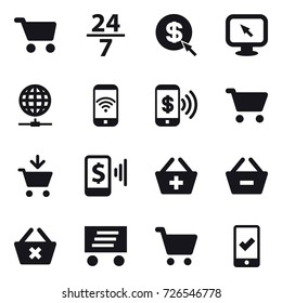 16 vector icon set : cart, 24/7, dollar arrow, monitor arrow, globe connect, phone wireless, phone pay, add to cart, mobile pay, add to basket, remove from basket, delete cart, delivery