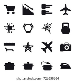 16 vector icon set : cart, crisis, diagram, plane, chip, hex molecule, bang, lounger, starfish, pan, steam pan, iron