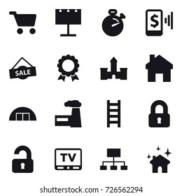 16 vector icon set : cart, billboard, stopwatch, mobile pay, sale, medal, castle, home, hangare, factory, stairs, locked, unlocked, tv, hierarchy, house cleaning