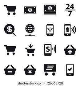 16 vector icon set : cart, money, 24/7, dollar arrow, globe connect, phone wireless, phone pay, add to cart, mobile pay, add to basket, remove from basket, delete cart, delivery, mobile checking