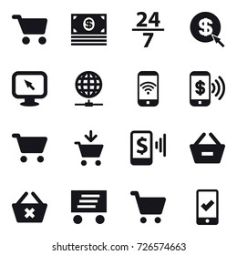 16 vector icon set : cart, money, 24/7, dollar arrow, monitor arrow, globe connect, phone wireless, phone pay, add to cart, mobile pay, remove from basket, delete cart, delivery, mobile checking