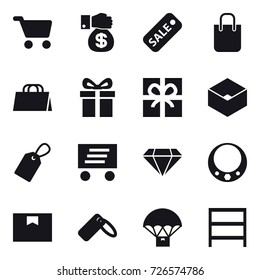 16 vector icon set : cart, money gift, sale, shopping bag, gift, box, label, delivery, diamond, necklace, rack