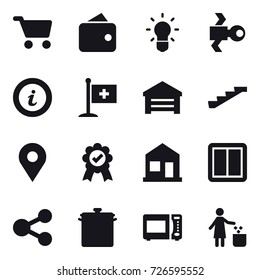16 vector icon set : cart, wallet, bulb, satellite, info, garage, stairs, home, power switch, pan, garbage bin