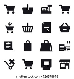 16 vector icon set : cart, basket, cashbox, add to cart, account balance, remove from basket, shopping list, shopping bag, mall, atm, shop
