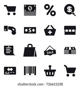 16 vector icon set : cart, money, percent, dollar arrow, hand coin, add to basket, market, shopping list, shopping bag, sale