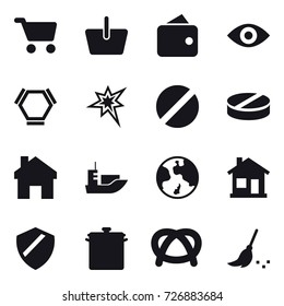 16 vector icon set : cart, basket, wallet, eye, hex molecule, bang, home, earth, pan, broom