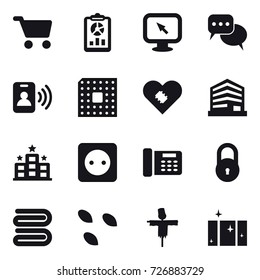 16 vector icon set : cart, report, monitor arrow, discussion, pass card, cpu, hotel, power socket, towel, seeds, scarecrow, clean  window