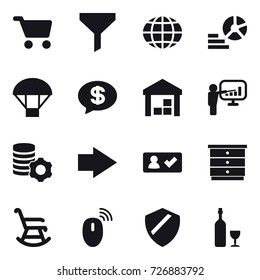 16 vector icon set : cart, funnel, globe, diagram, parachute, money message, warehouse, presentation, virtual mining, right arrow, check in, chest of drawers, rocking chair, wine