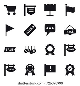 16 vector icon set : cart, shop signboard, billboard, flag, sale, message, medal, store signboard