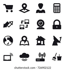 16 vector icon set : cart, pointer, woman, calculator, up down arrow, notebook connect, web cam, lock, earth, map, home, bucket and broom