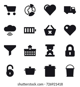 16 vector icon set : cart, circle diagram, heart, truck, cloud wireless, battery, delete cart, funnel, university, locked, pan, bucket