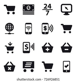 16 vector icon set : cart, money, 24/7, monitor arrow, globe connect, phone wireless, phone pay, add to cart, mobile pay, add to basket, remove from basket, delete cart, delivery, mobile checking