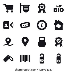 16 vector icon set : cart, shop signboard, medal, bio, pass card, ticket, info, smart house, do not distrub