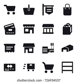 16 vector icon set : cart, basket, shop signboard, shopping bag, credit card, shop, market, atm receipt, mall, warehouse, rack