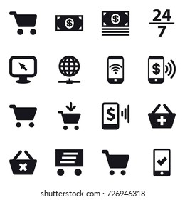 16 vector icon set : cart, money, 24/7, monitor arrow, globe connect, phone wireless, phone pay, add to cart, mobile pay, add to basket, delete cart, delivery, mobile checking