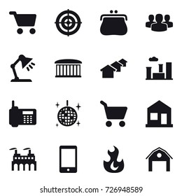 16 vector icon set : cart, target, purse, group, table lamp, airport building, houses, city, disco ball, home, barn