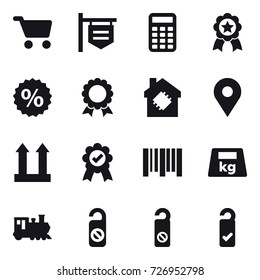16 vector icon set : cart, shop signboard, calculator, medal, percent, smart house, train, do not distrub, please clean
