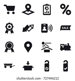 16 vector icon set : cart, pointer, report, percent, medal, up down arrow, pass card, sale, train, trailer, package, do not distrub, please clean