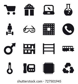 16 vector icon set : cart, gift, notebook, round flask, hoverboard, smart glasses, cpu, phone, modular house, bus, thermometer, intercome, recycling