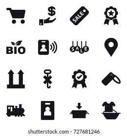 16 vector icon set : cart, investment, sale, medal, bio, pass card, train, identity card, package, handle washing